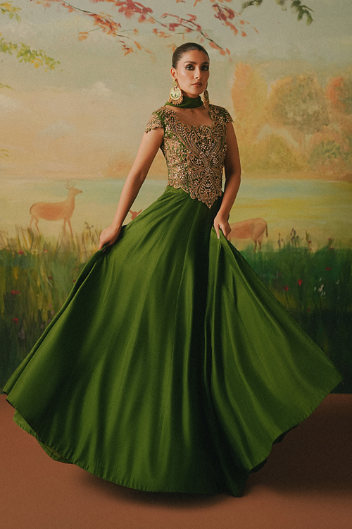 green emerald velvet dress Ayeza Khan - Surmol Dress main image 0